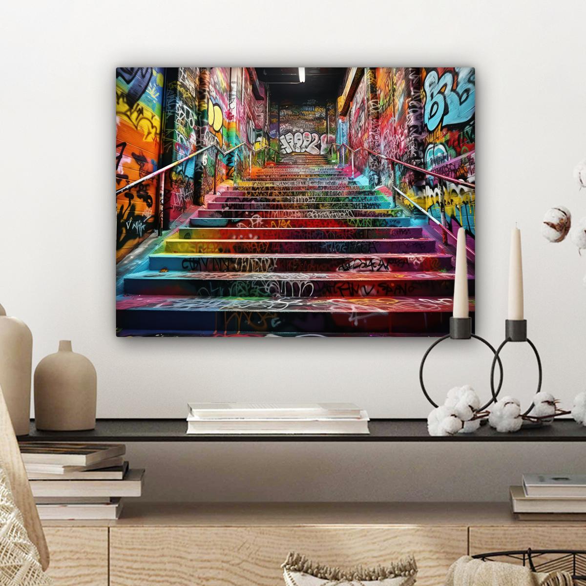 LEINWANDBILD Treppe - Graffiti - Farben - Kunst Wandbild 40x30 cm - Multicolor, Textil (40/30cm) - MuchoWow