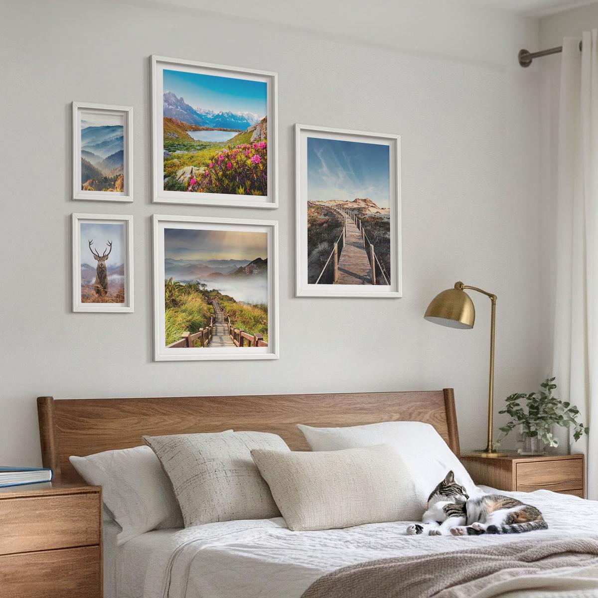 BILDER SET 5er Set - 50x50 cm & 20x30 cm & 40x60 cm Weißer Rahmen - Berglandschaft, See, Hirsche - Weiß, Kunststoff (40/60cm) - TULUP