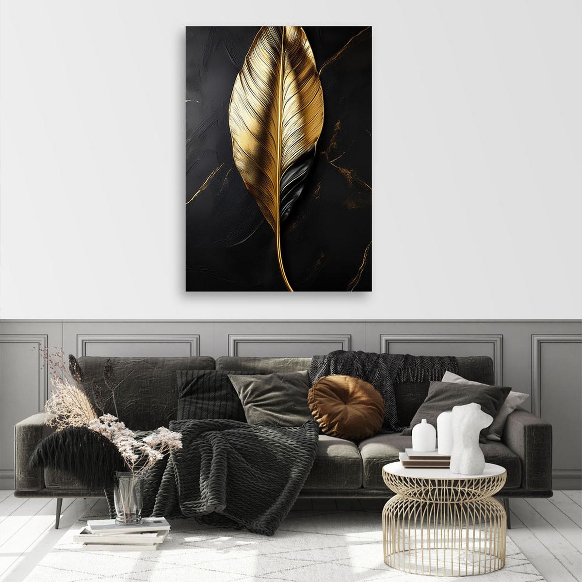 WANDBILD blattgold auf schwarzem hintergrund - Goldfarben, Textil (60/90cm) - Feeby