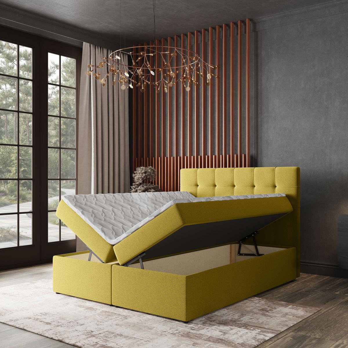 BOXBETT PALMA 140x200 cm mit Matratze und Topper, H2+H3 - Gelb - Gelb, Holz (140/200cm) - MASSENO