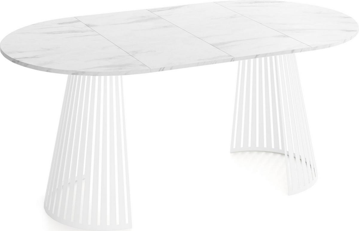 ESSTISCH Naro rund ausziehbar mit Weißem Lamellen-Metallgestell, Marmor Weiß 120-200/120/76 cm - Ecru/Weiß, Holzwerkstoff/Metall (120/196/76cm) - WFL GROUP