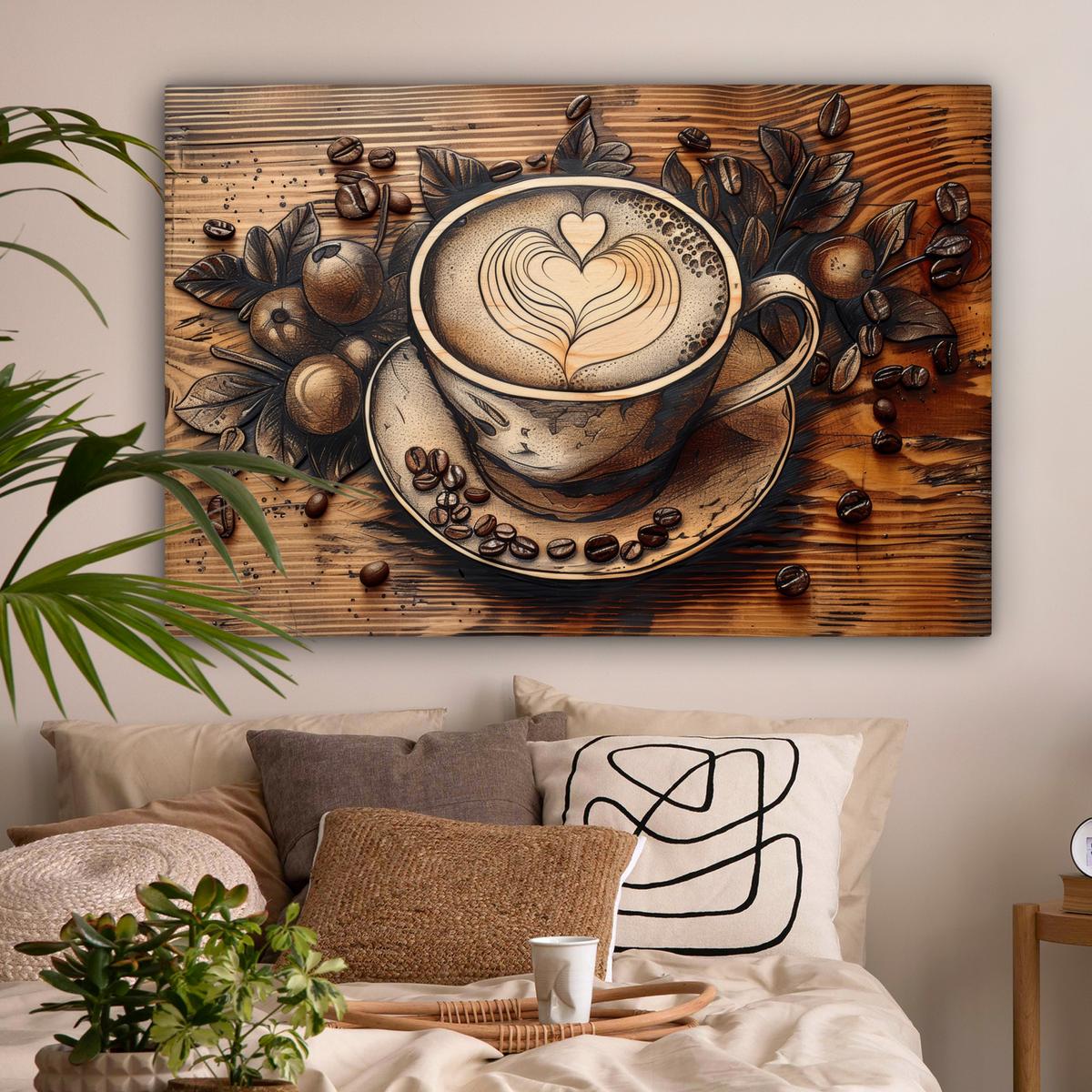 LEINWANDBILD Kaffee - Vintage - Braun - Tasse - Holz Groß 140x90 cm - Braun, Textil (140/90cm) - MuchoWow