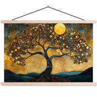 POSTER MIT MAGNETLEISTEN Baum - Mond - Blumen - Gold - Kunst Wanddeko 90x60 cm - Orange, Textil (90/60/0.15cm) - MuchoWow
