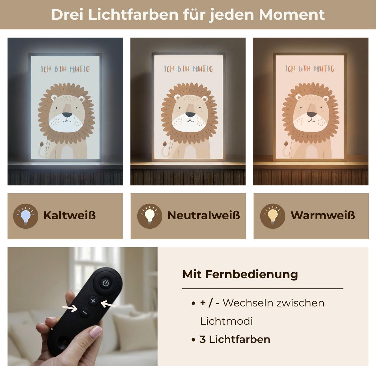 NACHTTISCHLAMPE MIT AKKU Löwe - Beige - Tier - Mutig - Zitat 40x60 cm - Beige, Holzwerkstoff (8/40/60cm) - OnlyWow