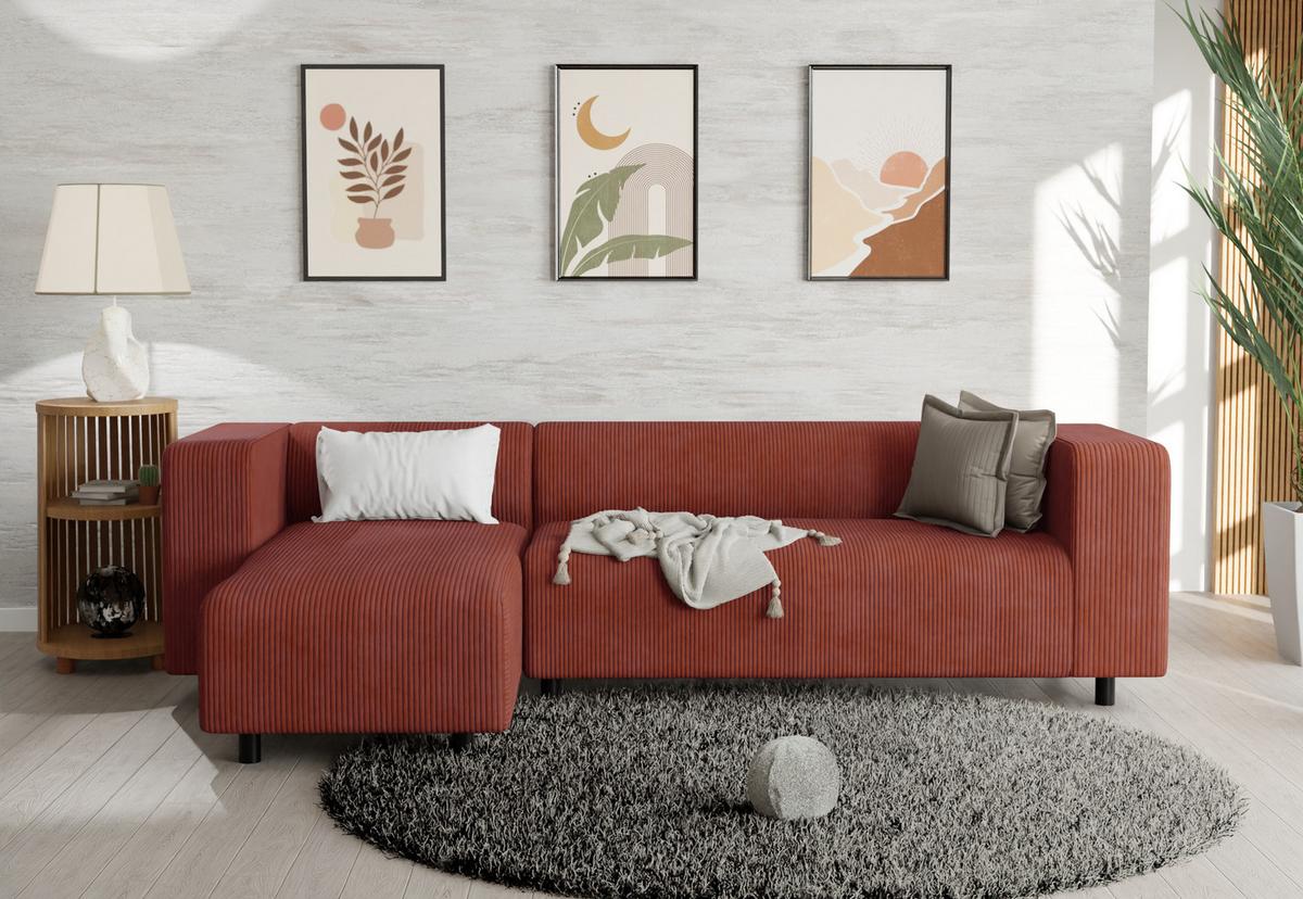 ECKSOFA Tove Terrakotta Cord - Ottomane links - Terracotta/Schwarz, Holz/Kunststoff (240/142cm) - S-Style Möbel