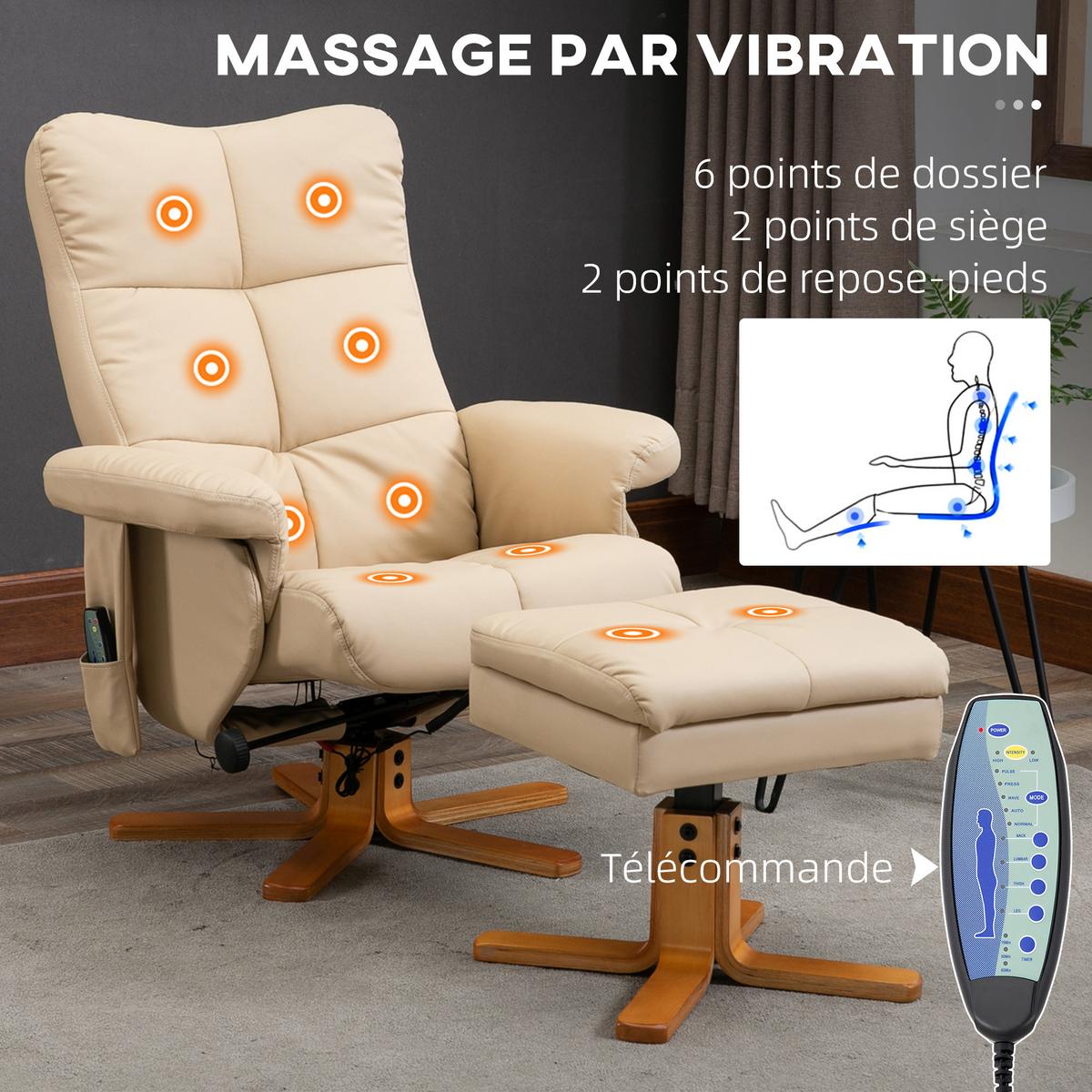 RELAXSESSEL mit Liegefunktion Massagesessel mit Fußhocker Polyester Cremeweiß - Champagner/Creme, Leder/Holz (86/99/80cm) - HOMCOM