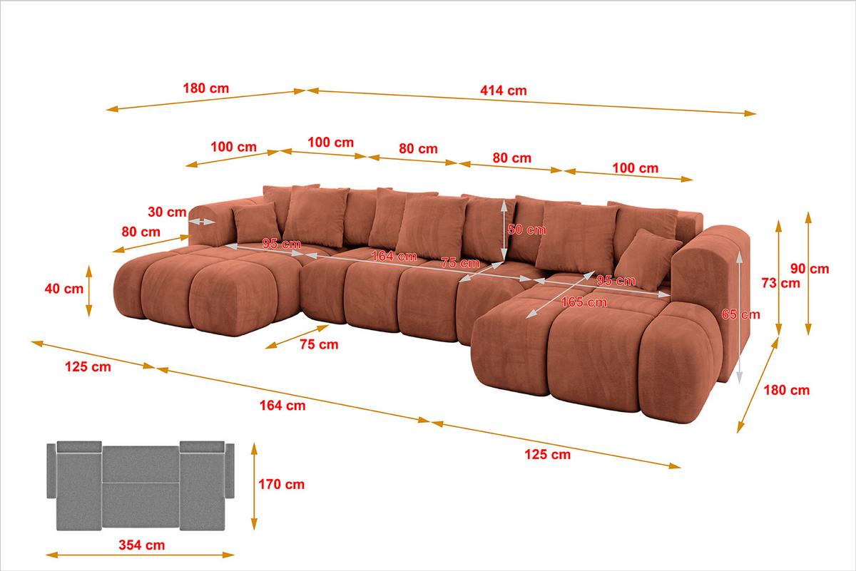 WOHNLANDSCHAFT CLOUD-U-v1 405x185x90 Apricot Velours - Koralle, Holzwerkstoff/Kunststoff (405/90/185cm) - ALTDECOR