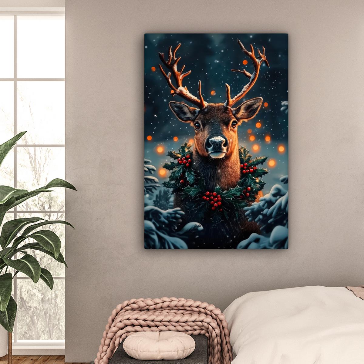 LEINWANDBILD Hirsch - Weihnachten - Winter - Schnee - Weihnachtskranz Deko XXL 80x120 cm - Dunkelbraun, Textil (80/120cm) - MuchoWow