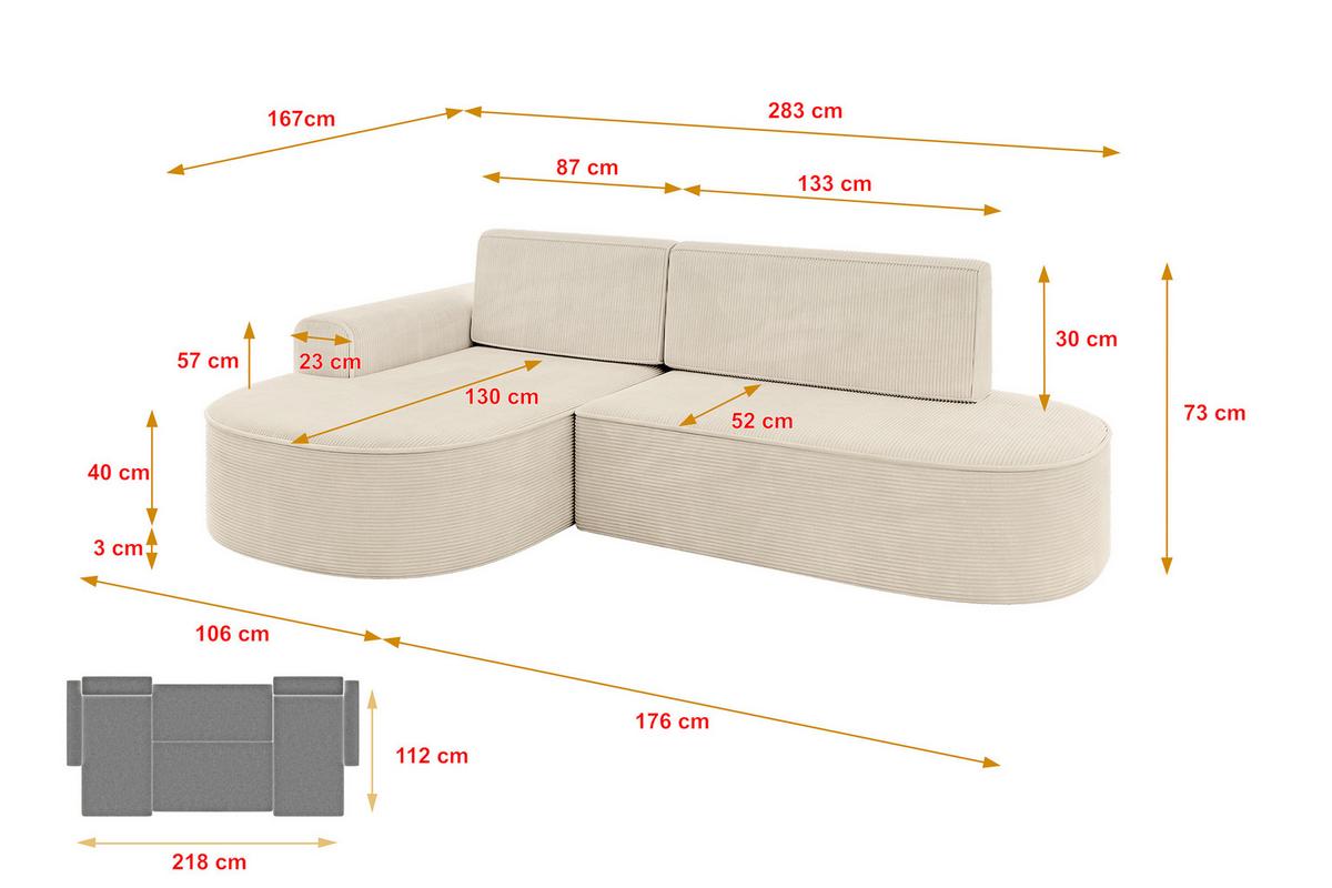 ECKSOFA mit Schlaffunktion und Bettkasten Ottomane Links MARI-L1-S - 283x167x73 cm Beige Cord - Cognac/Schwarz, Holzwerkstoff/Kunststoff (283/167cm) - ALTDECOR