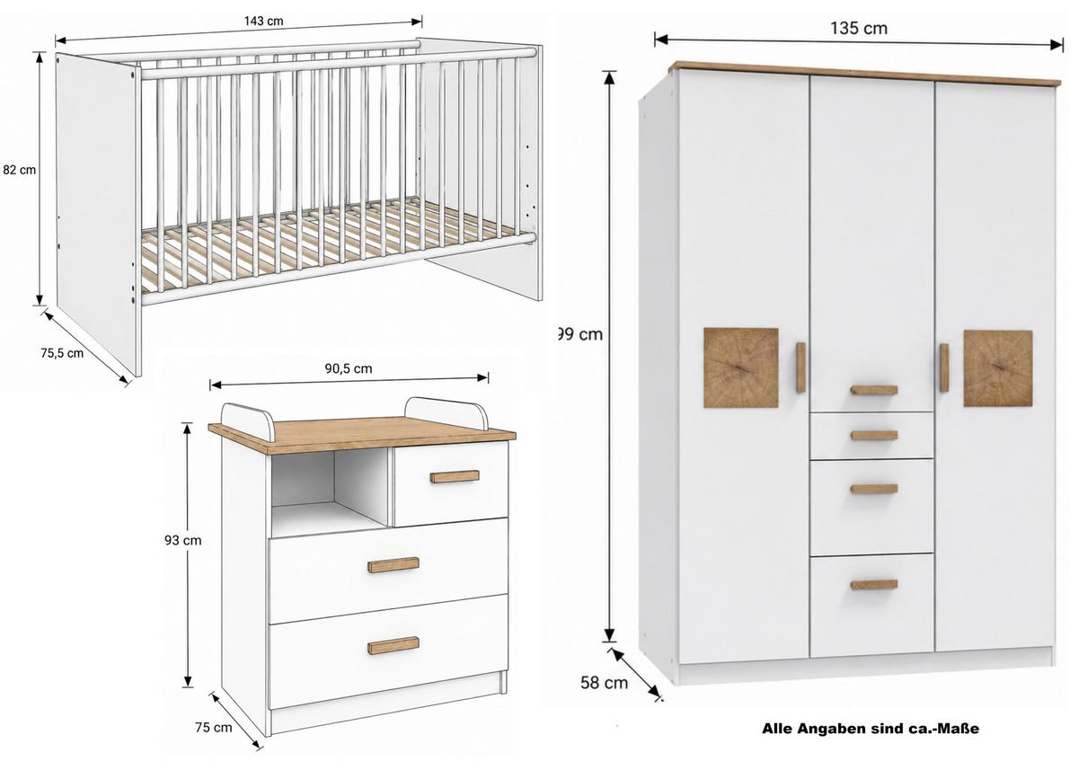BABYZIMMER-SET 3-tlg.: Babybett & Wickelkommode & Kleiderschrank 3-türig B135/H199/T58 cm, Weiß mit Eiche & Hirnholz Dekor / 22813 - Eichefarben/Weiß, Holzwerkstoff (135/199/58cm) - luma-home