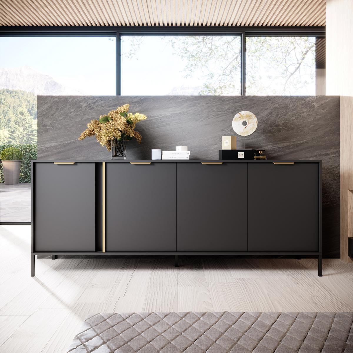 SIDEBOARD Catanian 4T Grau 202,9/81,4/39,5 cm – mit goldenen Griffen und schwarzen Beinen - Schwarz/Grau, Holzwerkstoff/Metall (202.9/81.4/39.5cm) - AX Living
