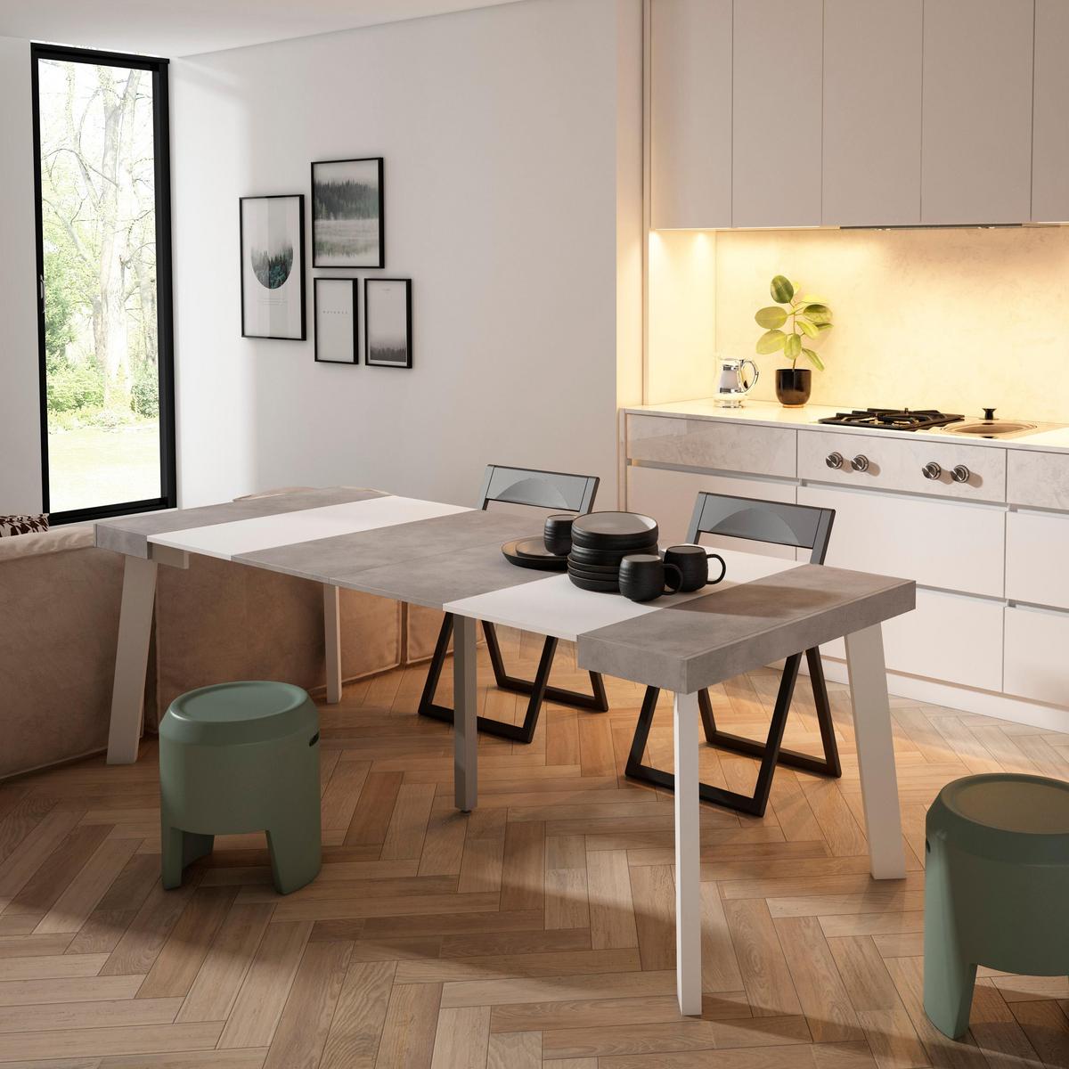 KONSOLENTISCH ausziehbar 58 bis 222cm, für 10 Gäste, weiß zementgrau, 90/58/73cm - Weiß/Grau, Holzwerkstoff (90/222/73cm) - Skraut Home