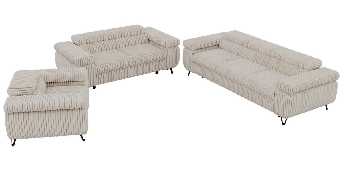 SITZGARNITUR PETER 1+2+3 - Beige Cord - Beige/Creme, Textil/Metall (262/76/99cm) - MKS