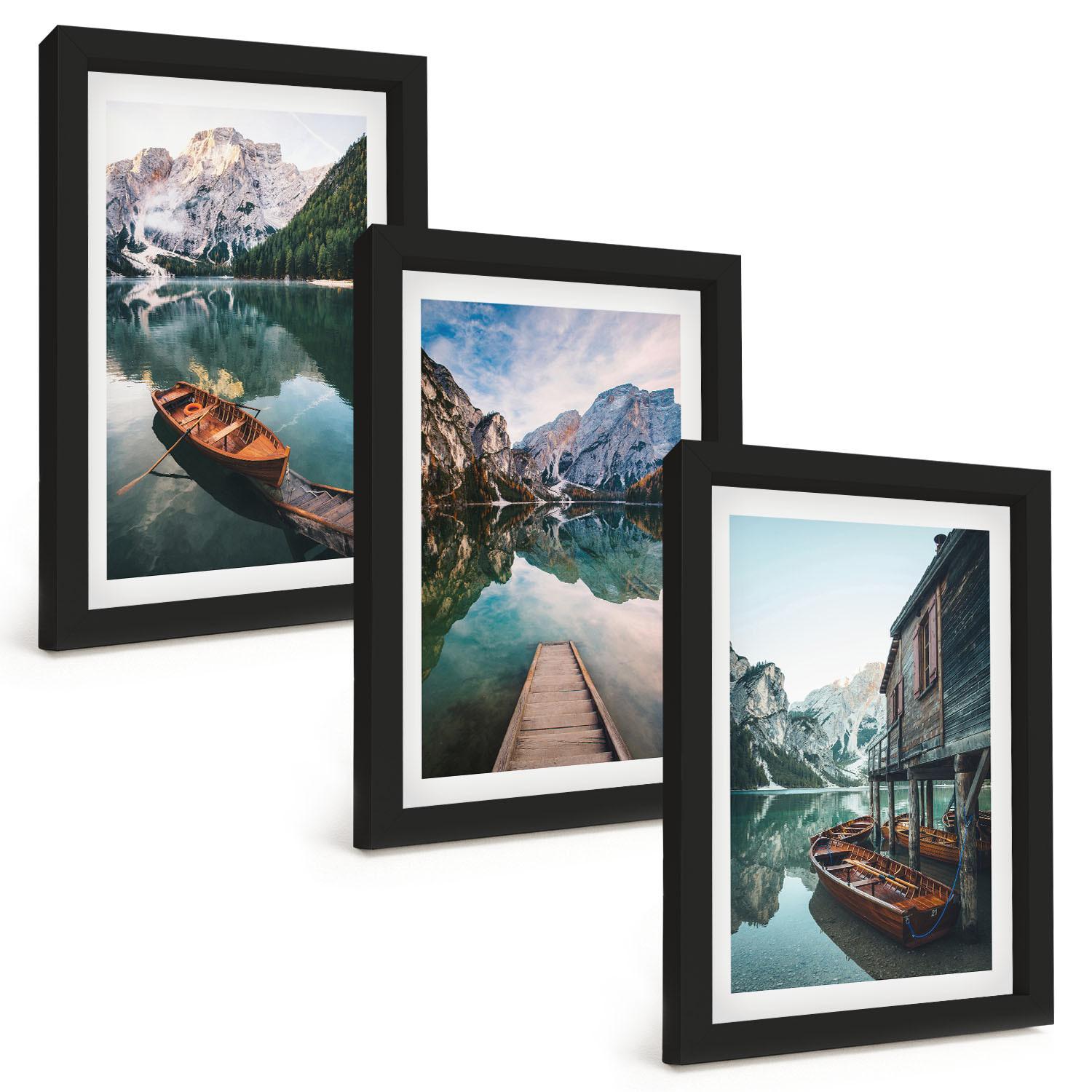 BILDER SET 3er Set - 20x30 cm Schwarzer Rahmen - See, Berge, Boote, Ferienhaus - Schwarz, Kunststoff (20/30cm) - TULUP