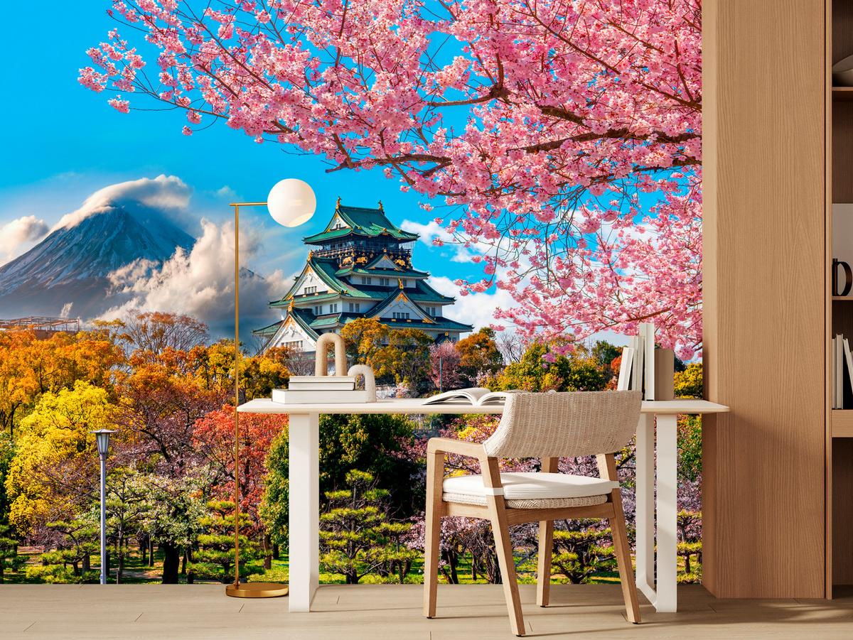 FOTOTAPETE für Wohnzimmer Kirschblüten Osaka Burg Japan Berge Bäume 350x256 - Gelb/Rosa, Papier (350/256cm) - Muralo