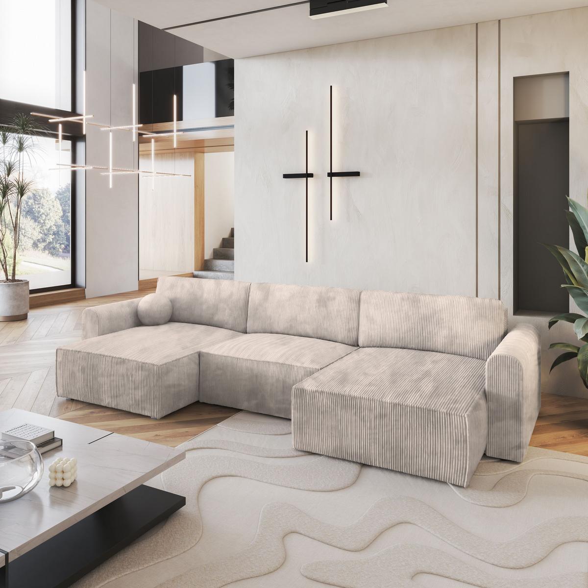 WOHNLANDSCHAFT FENTO P Creme Kordstoff mit Schlaffunktion - Creme/Grau, Holz/Kunststoff (347/90/148cm) - MASSENO