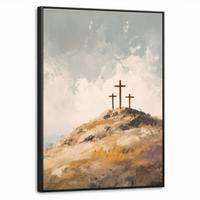 LEINWAND Bilder mit Rahmen - Hügel - Abstrakt - Christentum - Kreuz - 50x70 - Hellgrau, Textil (50/70cm) - MuchoWow