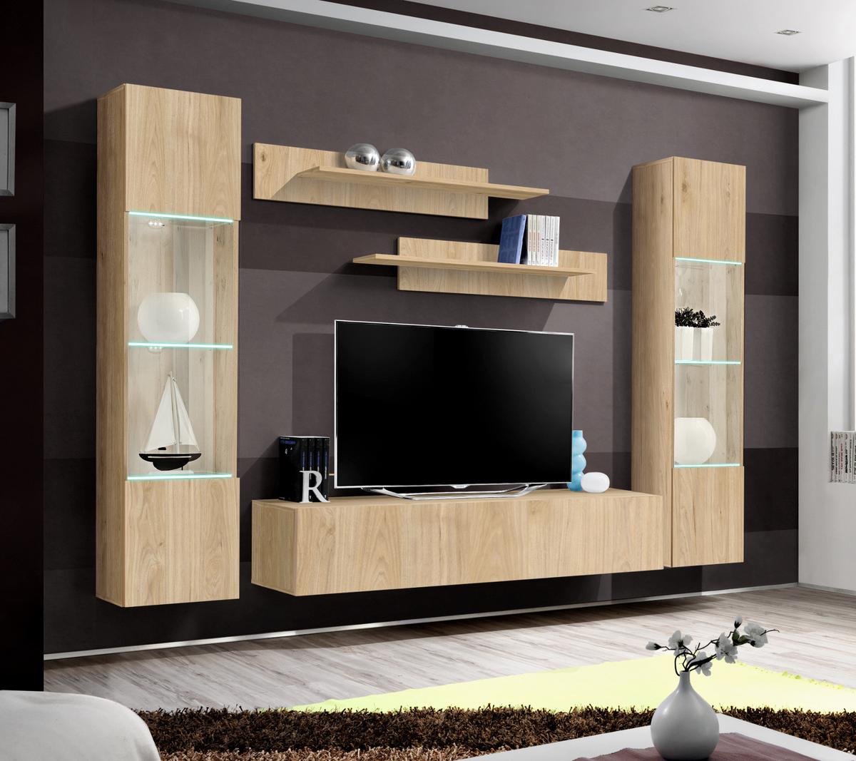 WOHNWAND Eiche Jackson 5-teilig 260 cm, Schrankwand hängend mit LED-Beleuchtung - Eichefarben, Glas/Holzwerkstoff (260/170/40cm) - Inn.Furn