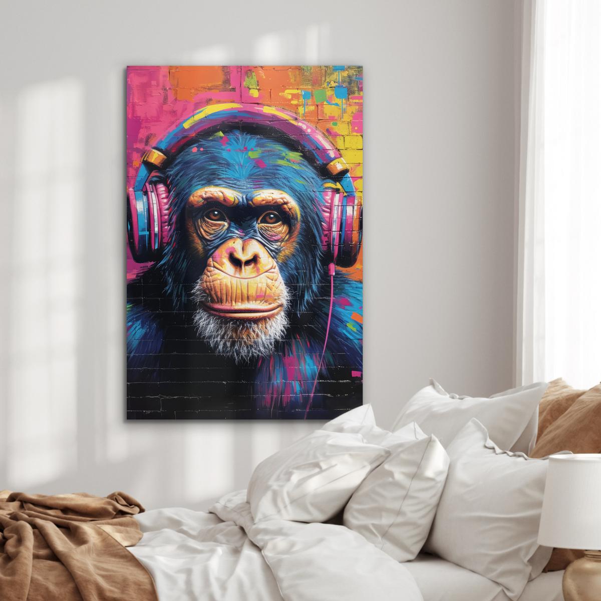 METALLBILD Graffiti - Schimpanse - Straßenkunst - Kopfhörer - Affe 80x120 cm - Blau, Metall (80/120cm) - MuchoWow