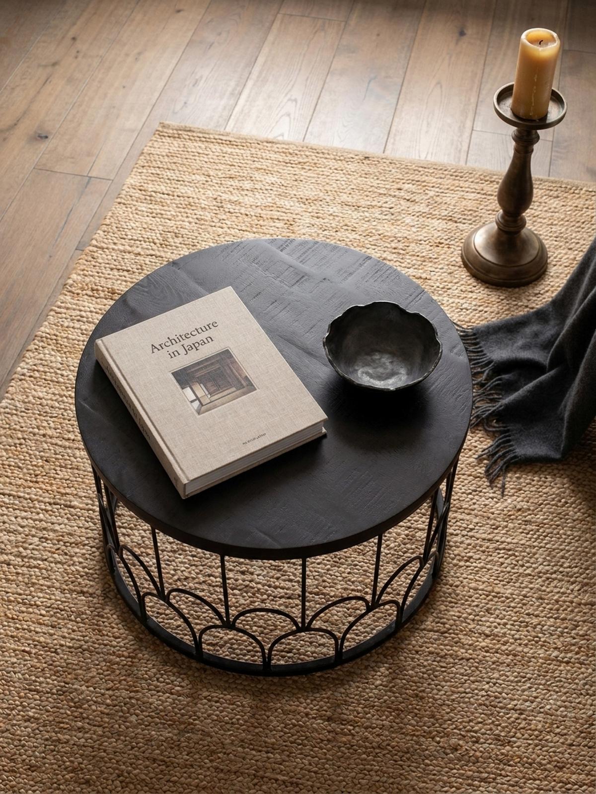 COUCHTISCH Rund in Schwarz aus Mango Massivholz mit Metallgestell, 60x60x36cm, Industrial Design - Schwarz, Holz/Metall (60/60/36cm) - KADIMA DESIGN
