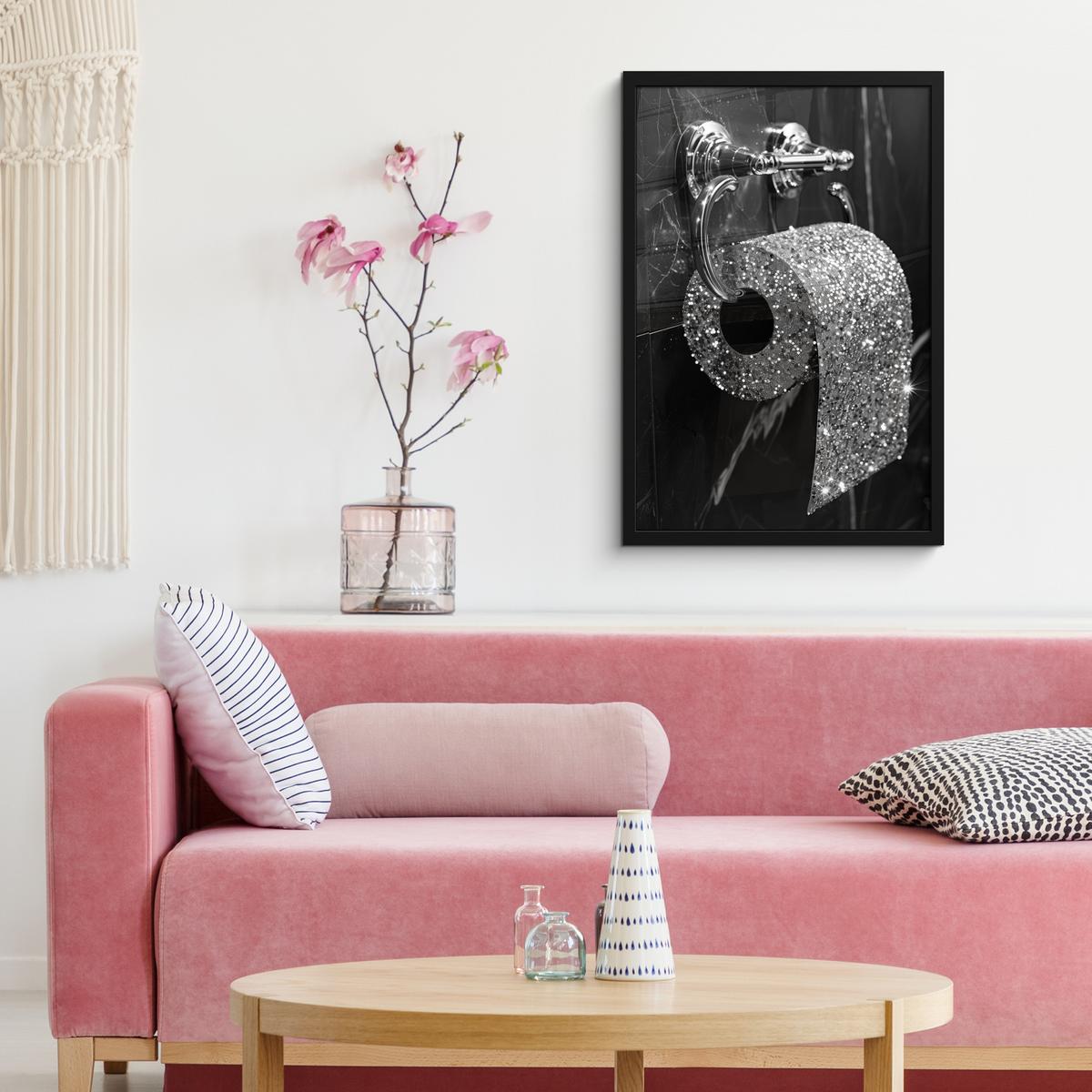 POSTER MIT RAHMEN WC - Toilettenpapier - Schwarz und weiß - Glitter Bilder mit Rahmen 40x60 cm - Silberfarben, Papier (40/60cm) - MuchoWow