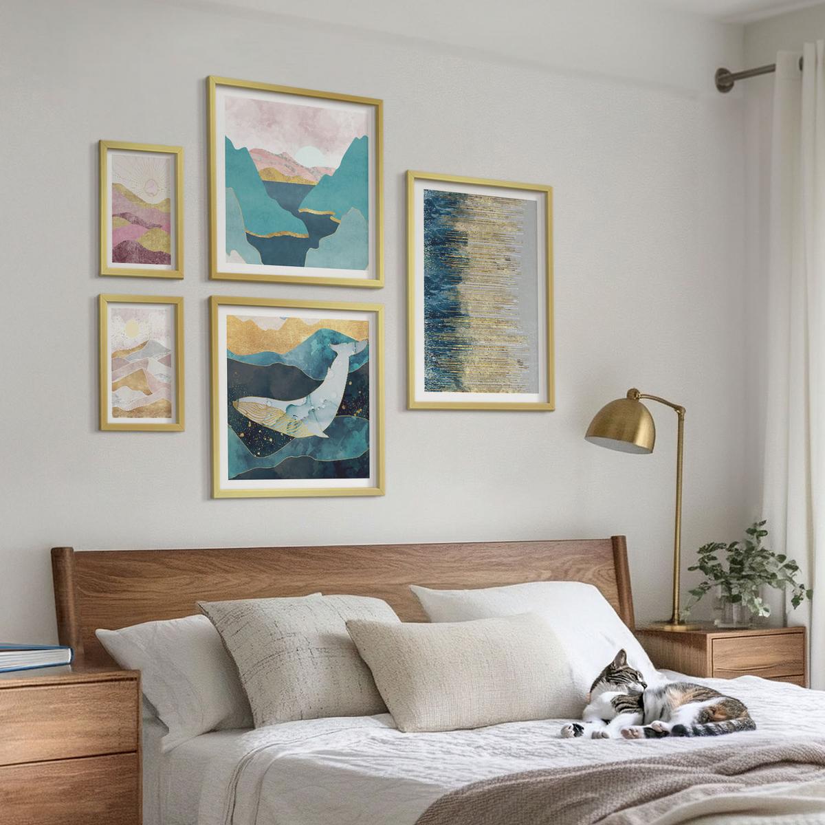 BILDER SET 5er Set - 50x50 cm & 20x30 cm & 40x60 cm Goldrahmen - Abstrakte Berge Sonne - Goldfarben, Kunststoff (40/60cm) - TULUP