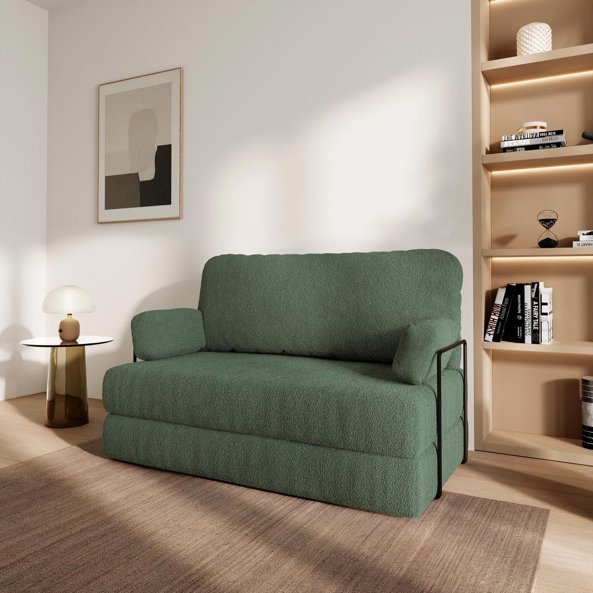 BETTSOFA KESTE aus Schaumstoff Bucle-Stoff Grün Schlaffunktion - Grün, Textil (140/86/60cm) - MASSENO