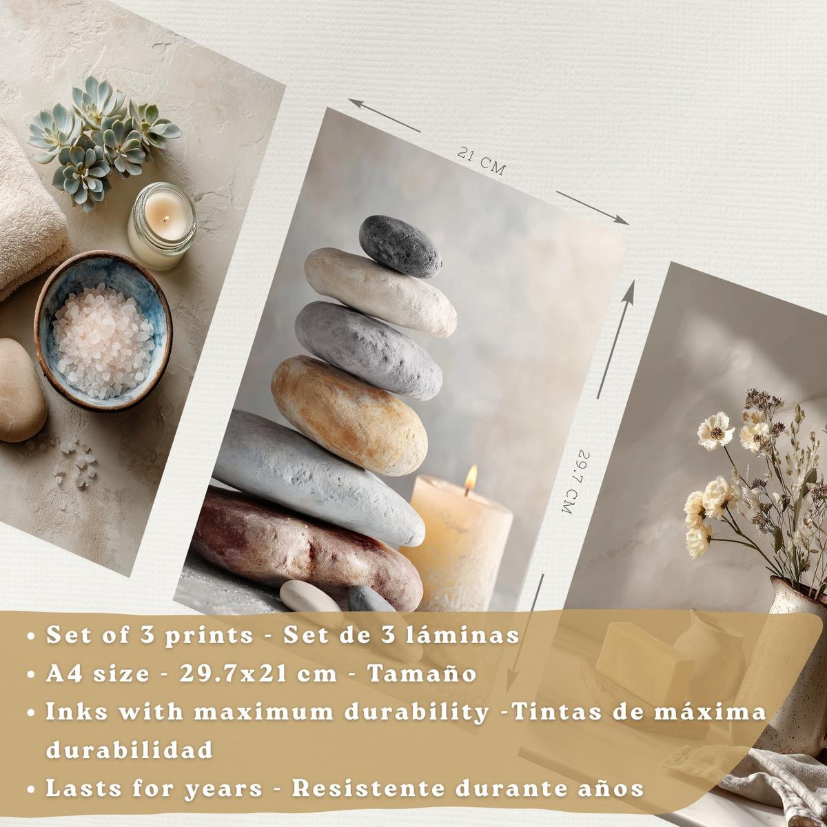 POSTER 3er-Set dekorative Badezimmer Kunstdrucke, Zen-Spa-Stil, minimalistische Bilder mit Steinen, Kerzen und Blumen, Leichter Holzrahmen A4 - Beige, Papier (29.7/21/3cm) - Nacnic