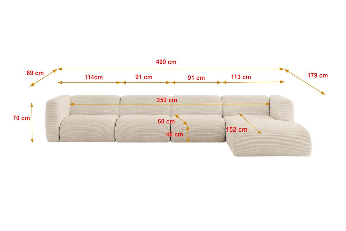 ECKSOFA Ottomane Rechts MIRA-L3 409x179x70 Beige Cord - Sandfarben/Beige, Holzwerkstoff/Kunststoff (409/179cm) - ALTDECOR