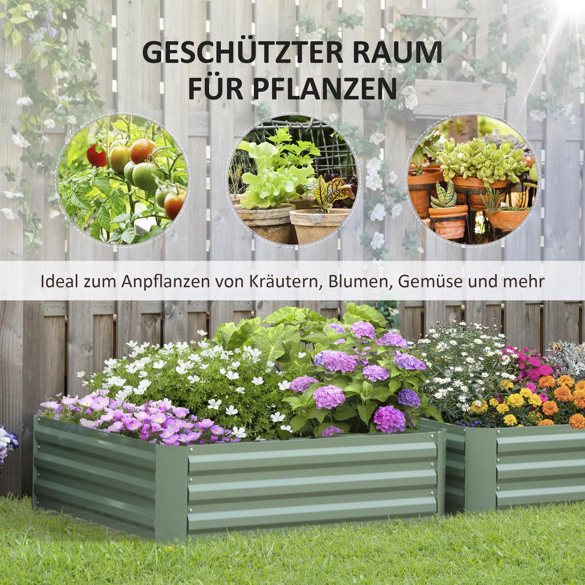 PFLANZENBEET-SET, Pflanzkübel, Blumenkübel für Garten, Terrasse, Verzinkter Stahl, Grün, 100 x 100 x 30 cm - Grün, Metall (100/30/100cm) - Outsunny