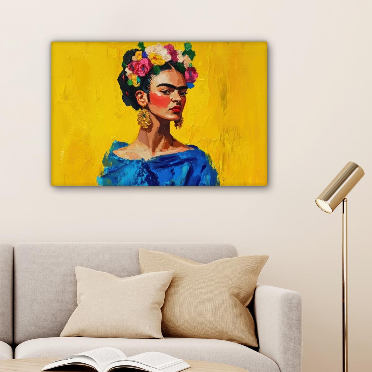 LEINWANDBILD Frida Kahlo - Frau - Gelb - Blau - Blumen Wanddeko 90x60 cm - Gelb, Textil (90/60cm) - MuchoWow