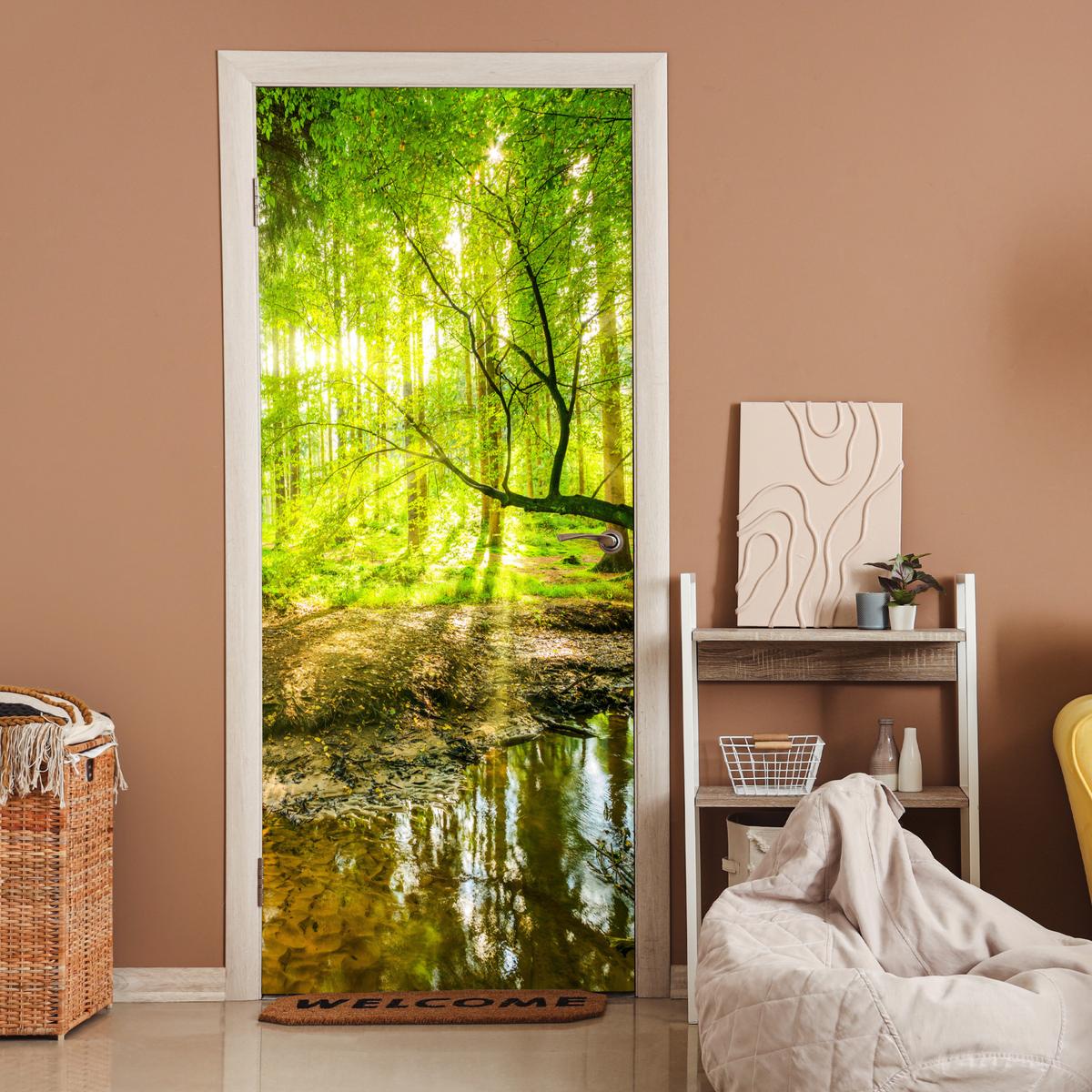 TÜRAUFKLEBER Wald - Landschaft - Wasser - Bäume - Sonne - Grün - Natur 90x215 cm - Türtapete - Hellgrün, Kunststoff (90/0.1cm) - MuchoWow