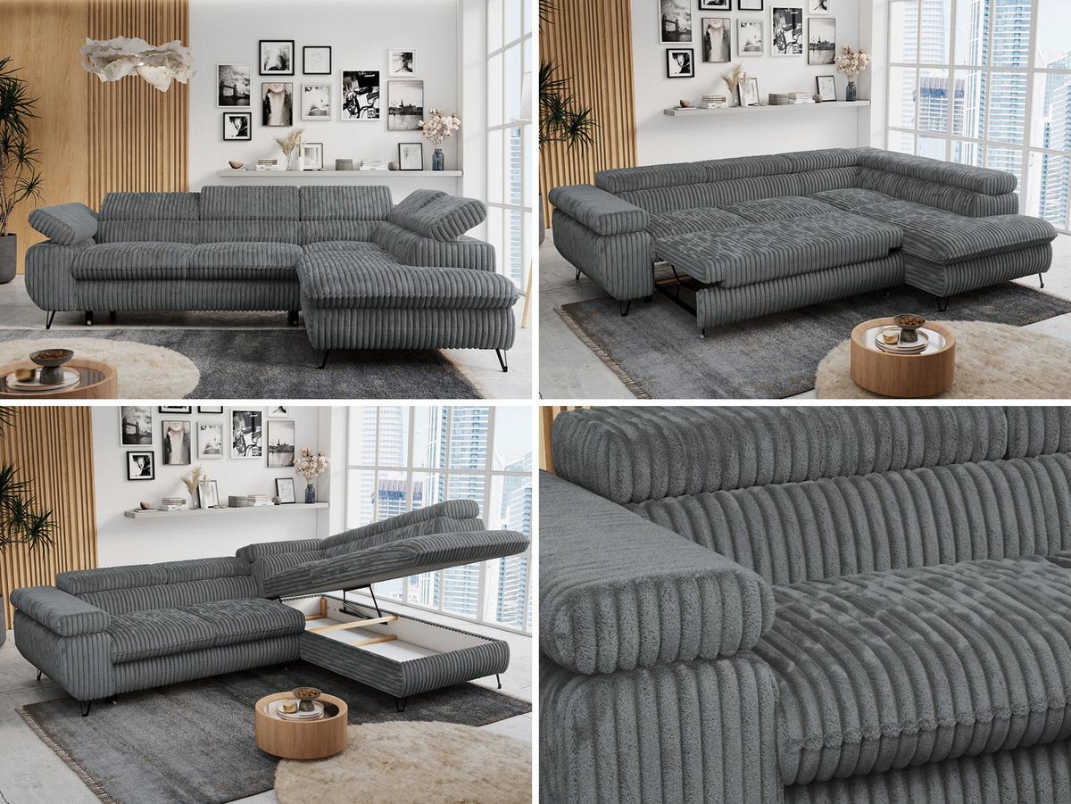 ECKSOFA PETER L Dunkelgrau Cord - Rechts Seite - Dunkelgrau/Schwarz, Textil/Metall (273/208cm) - MKS