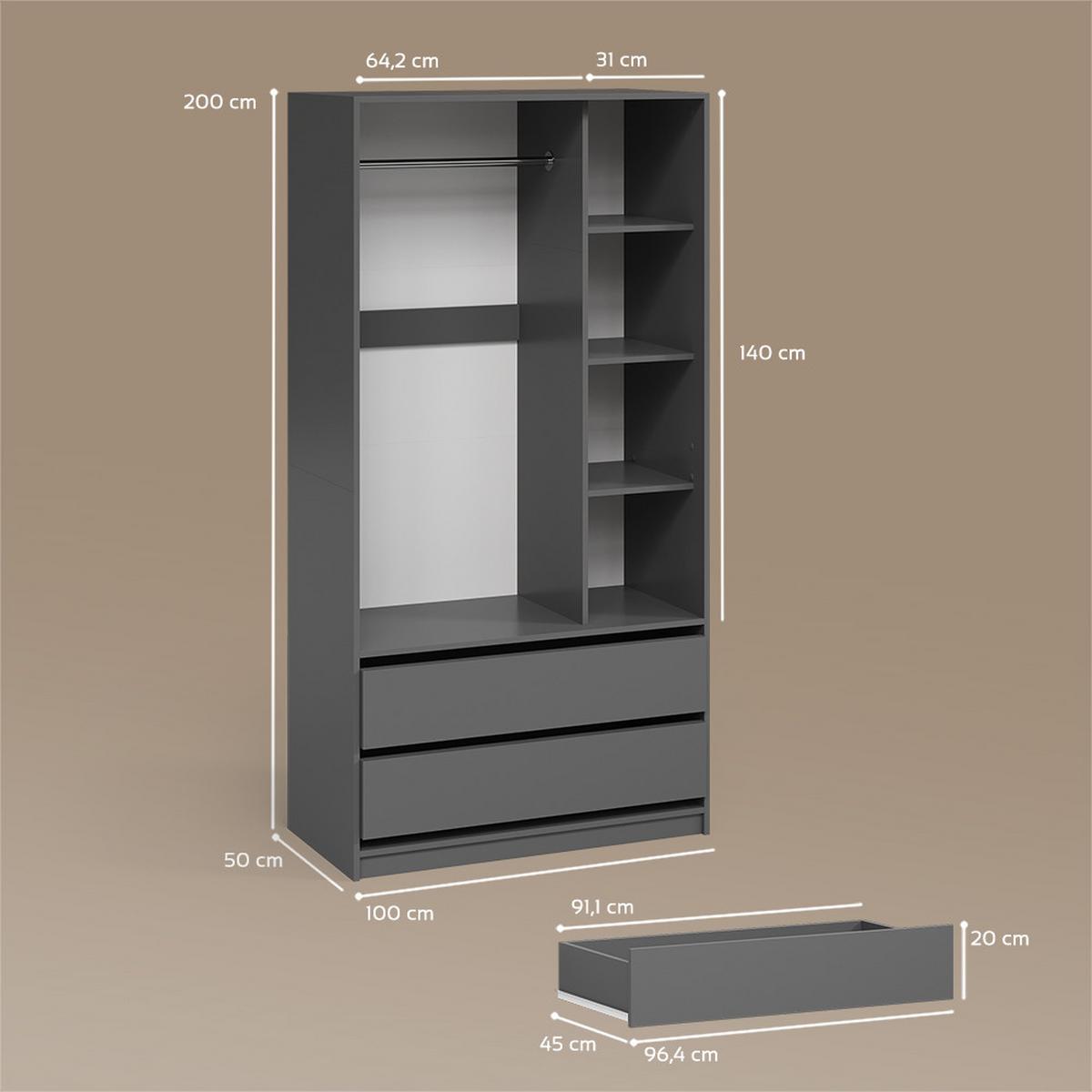 KINDERKLEIDERSCHRANK Trento Anthrazit 100 x 200 cm mit 2 Schubladen - Anthrazit, Holzwerkstoff (100/200/50cm) - Livinity®