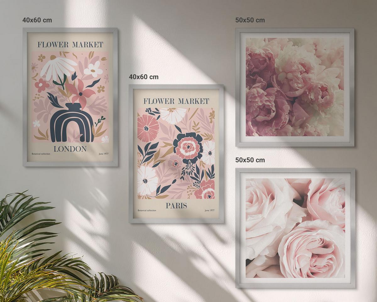 BILDER SET 4er Set - 50x50 cm & 40x60 cm Silberner Rahmen - Blumenmotive Rosen Paris - Silberfarben, Kunststoff (50/50cm) - TULUP