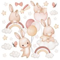 WANDAUFKLEBER SET Kaninchen Sternen Wolken Regenbogen 60x30 - Beige/Rot, Papier (60/30/1cm) - Muralo
