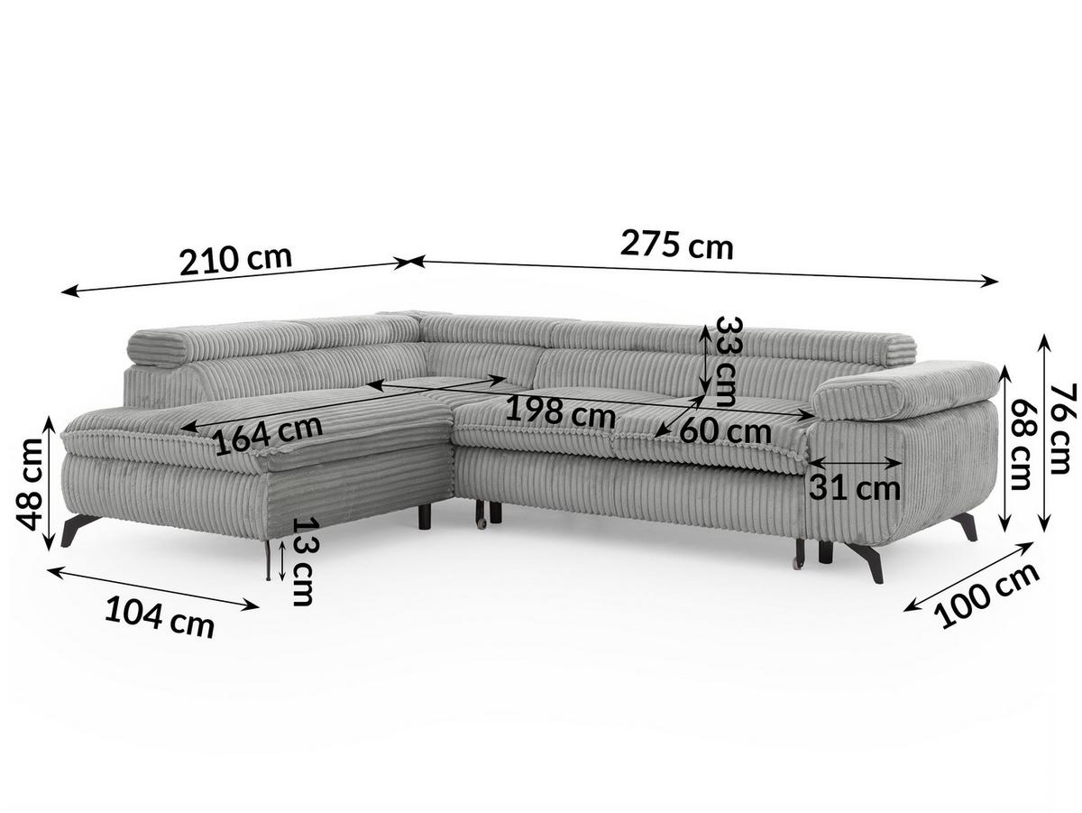 ECKSOFA mit Schlaffunktion und Bettkasten Bonnie aus Hellgrau Cord-Stoff mit verstellbaren Kopfstützen und Armlehne - Ottomane links - Hellgrau/Schwarz, Holz/Textil (275/210cm) - S-Style Möbel