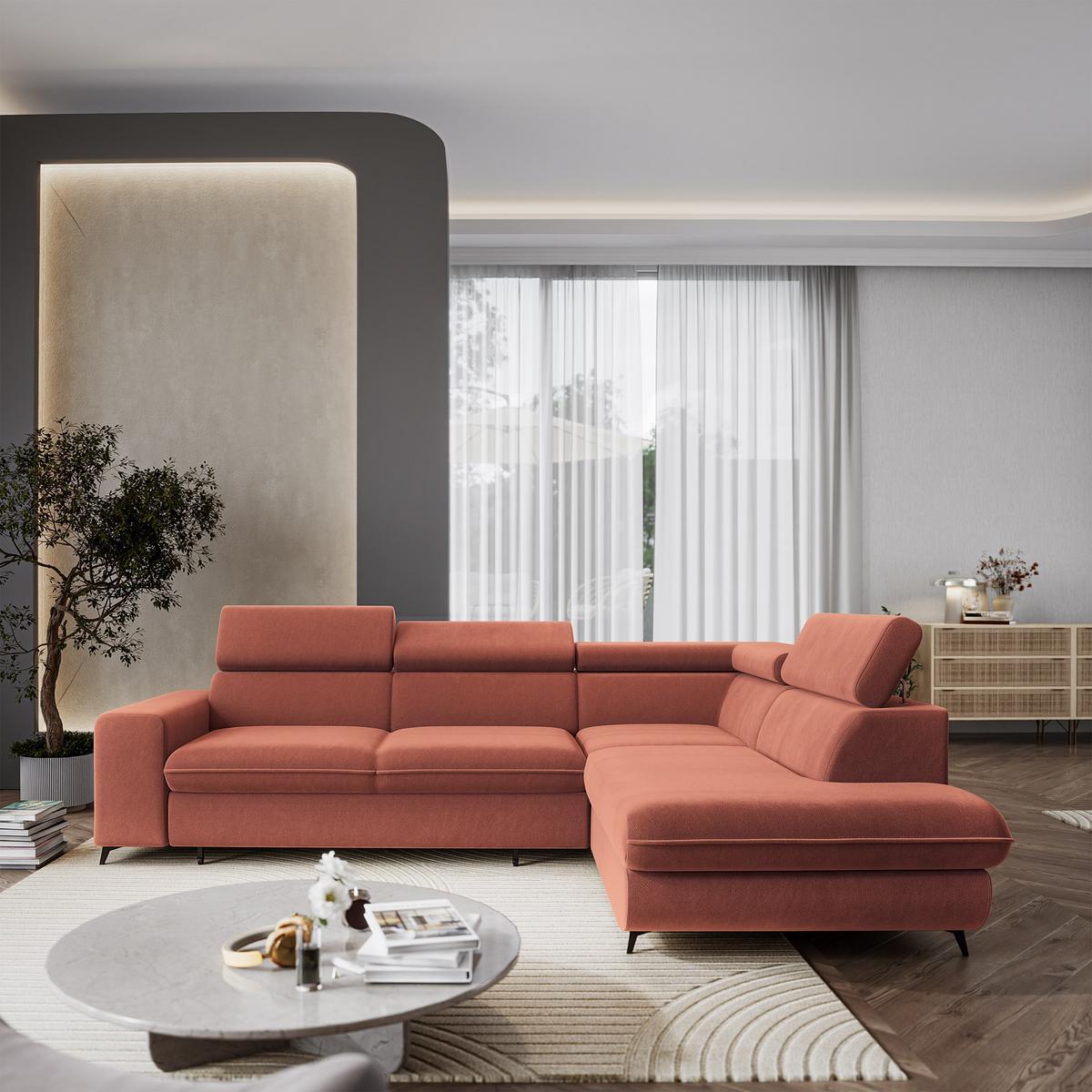 ECKSOFA VELISS Koralle Veloursstoff mit Schlaffunktion - Koralle, Holz (255/193cm) - MASSENO