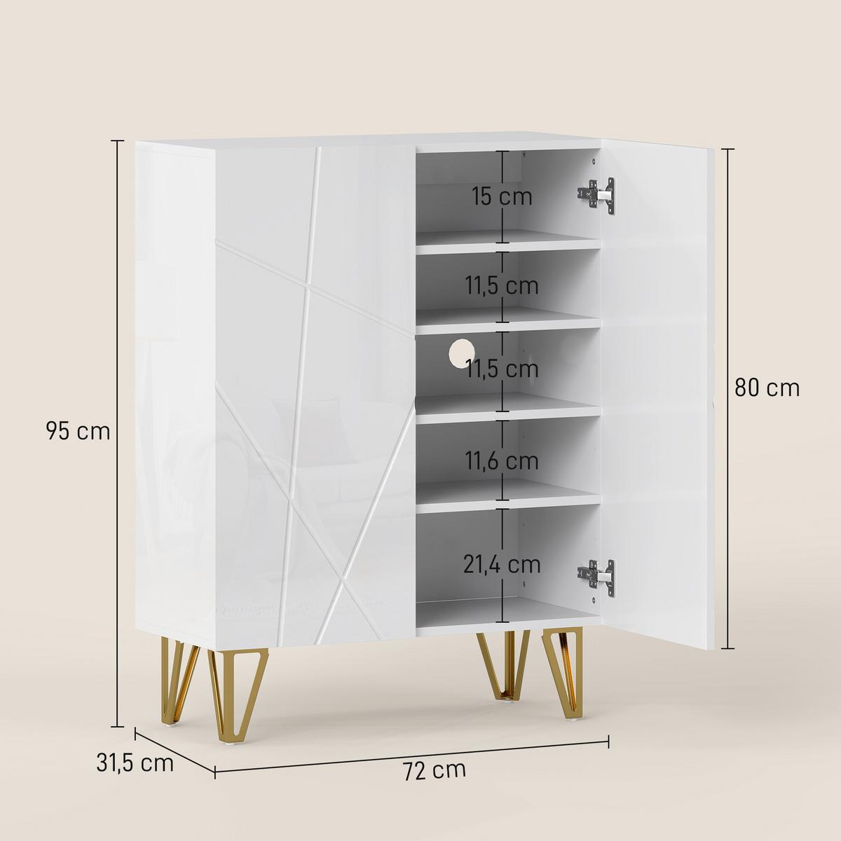 SCHUHSCHRANK mit 2 Türen, Schuhregal, Schuhaufbewahrung mit 4 Ablagen Weiß - Weiß Hochglanz/Goldfarben, Holzwerkstoff/Metall (31.5/95/72cm) - HOMCOM