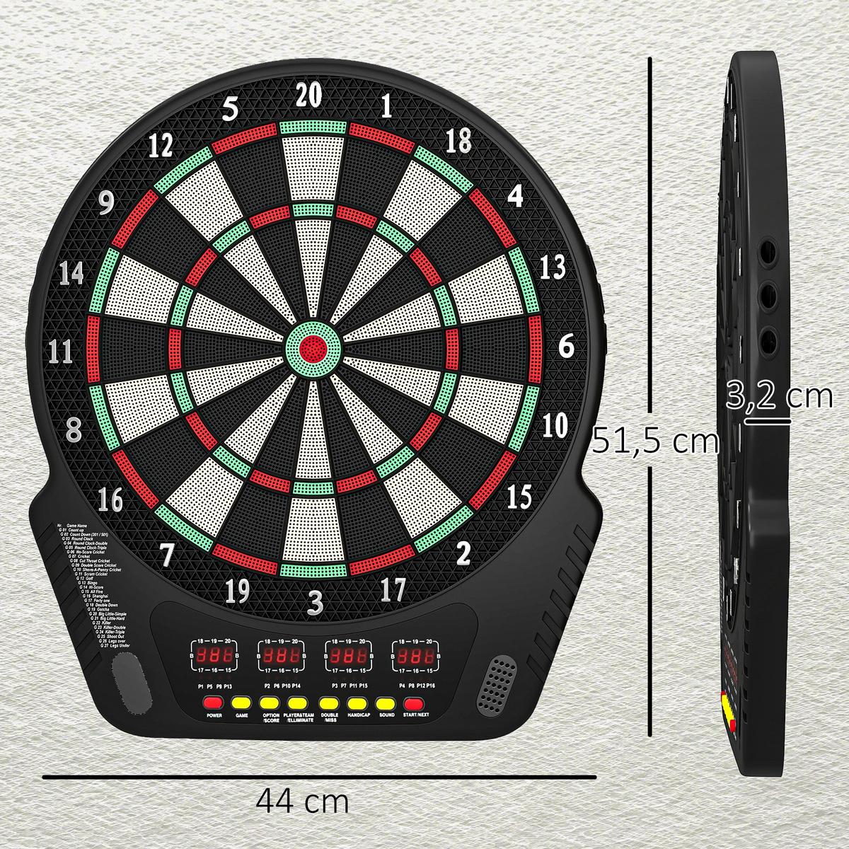 ELEKTRONISCHE Dartscheibe Dartboard Soundeffekte LED Anzeige 27 Spiele - Schwarz, Kunststoff (51.5/44cm) - HOMCOM