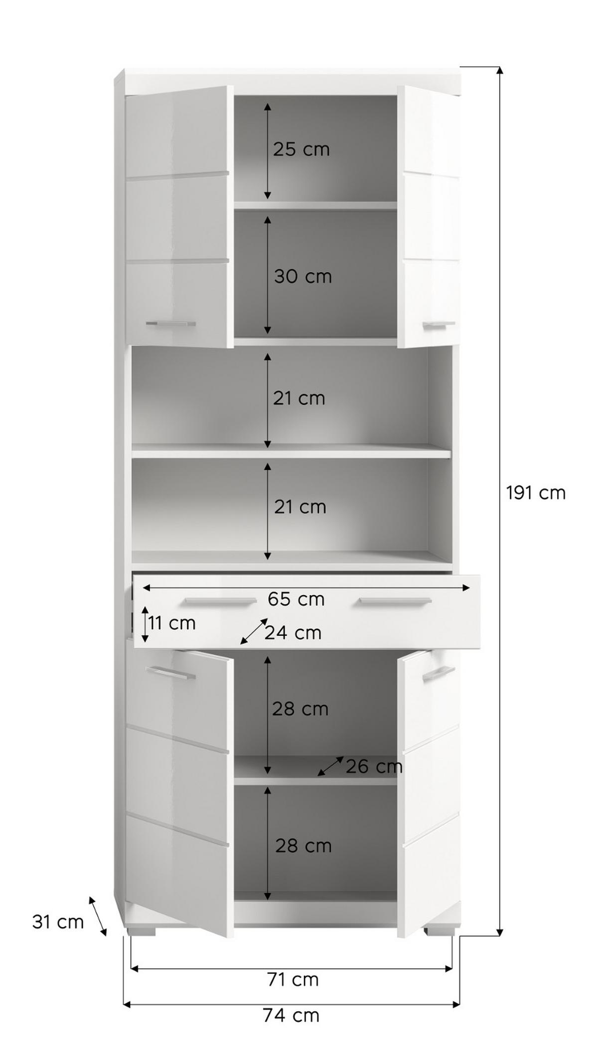 HOCHSCHRANK weiß Hochglanz 74 x 191 cm, Badschrank mit viel Stauraum - Weiß Hochglanz/Silberfarben, Holzwerkstoff/Kunststoff (74/191/31cm) - Inn.Furn