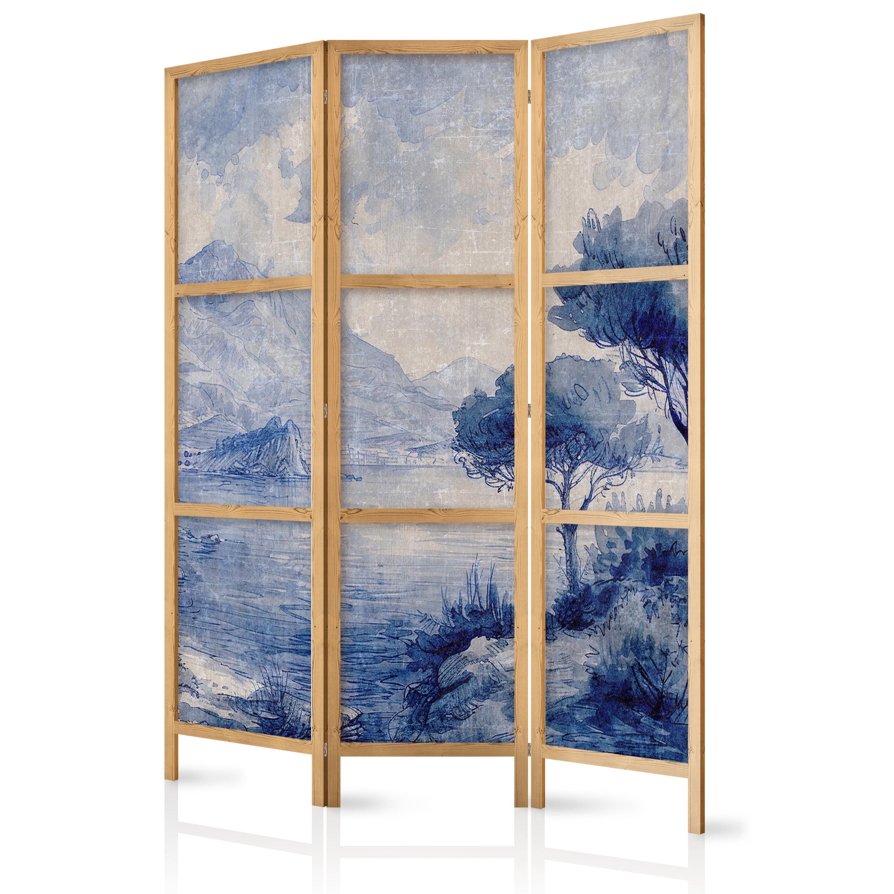 PARAVENT Japanischer 3-tlg 135x172 cm Blaue Landschaft - Blau, Holz/Textil (135/172/3cm) - Muralo