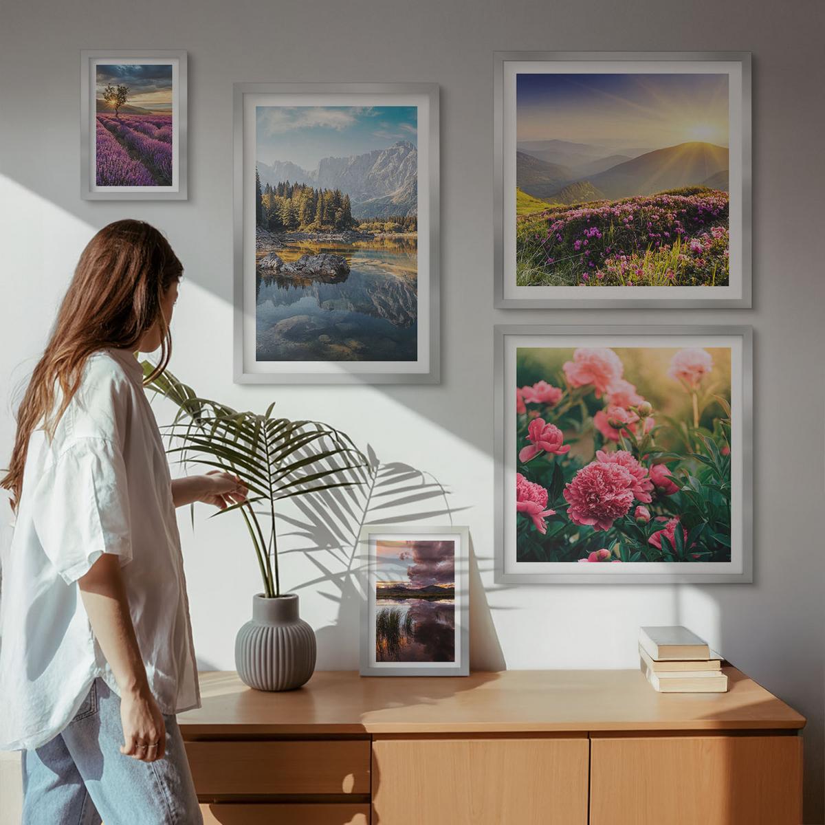 BILDER SET 5er Set - 50x50 cm & 20x30 cm & 40x60 cm Silberner Rahmen - Blumengarten, Bergwiese, Wasser - Silberfarben, Kunststoff (40/60cm) - TULUP