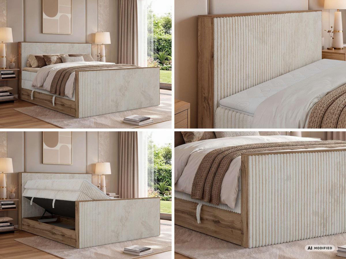 BOXSPRINGBETT WOOD KING DUO 140/200 - Beige Cord - Topper Visco - H3 - Beige/Schwarz, Kunststoff/Textil (140/200cm) - MKS