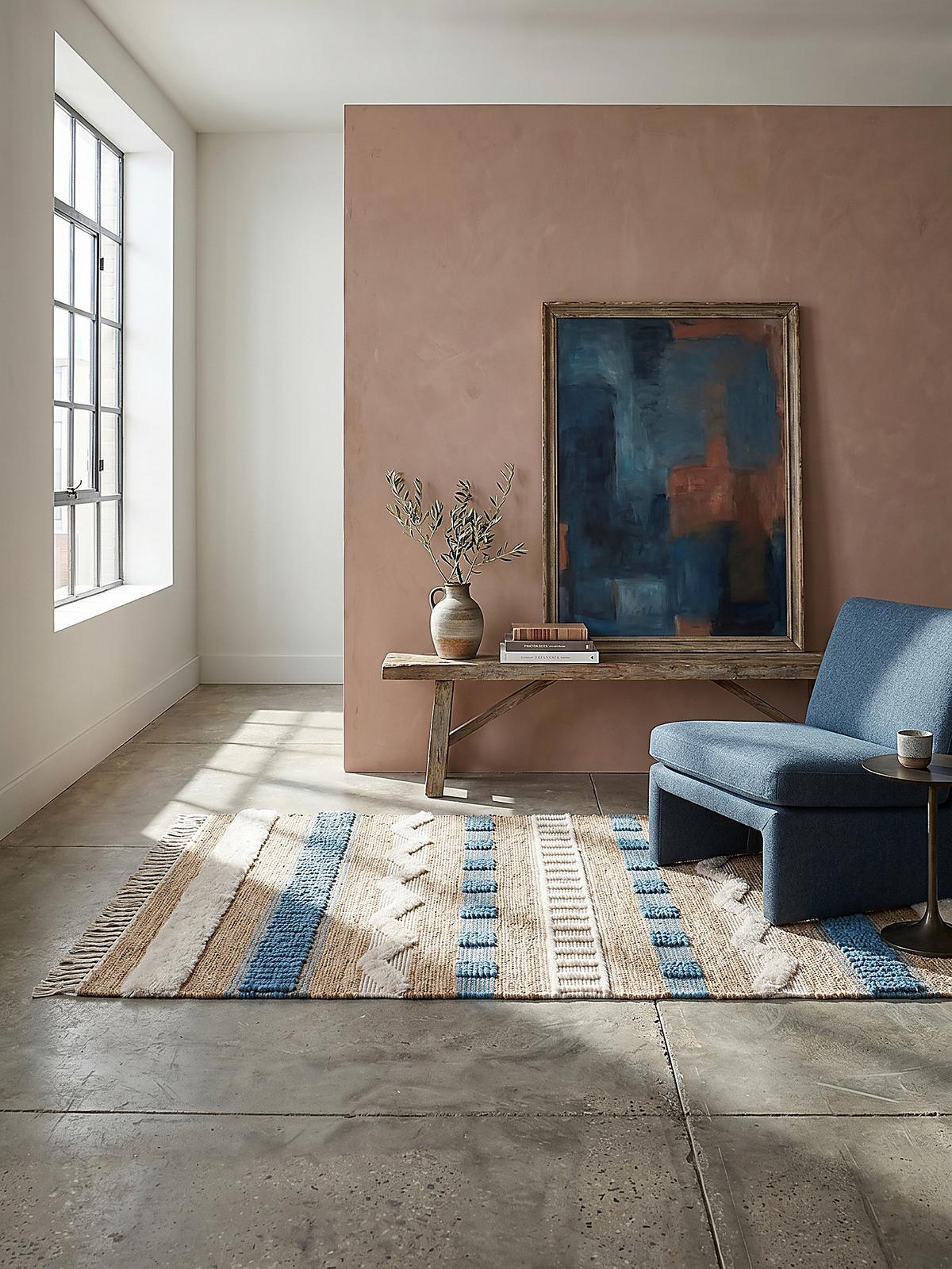 JUTETEPPICH handgewebt mit Fransen WHARFE, im Ethno-Stil, Natur-Blau, 120 x 170 cm - Blau, Textil (170/120cm) - KADIMA DESIGN