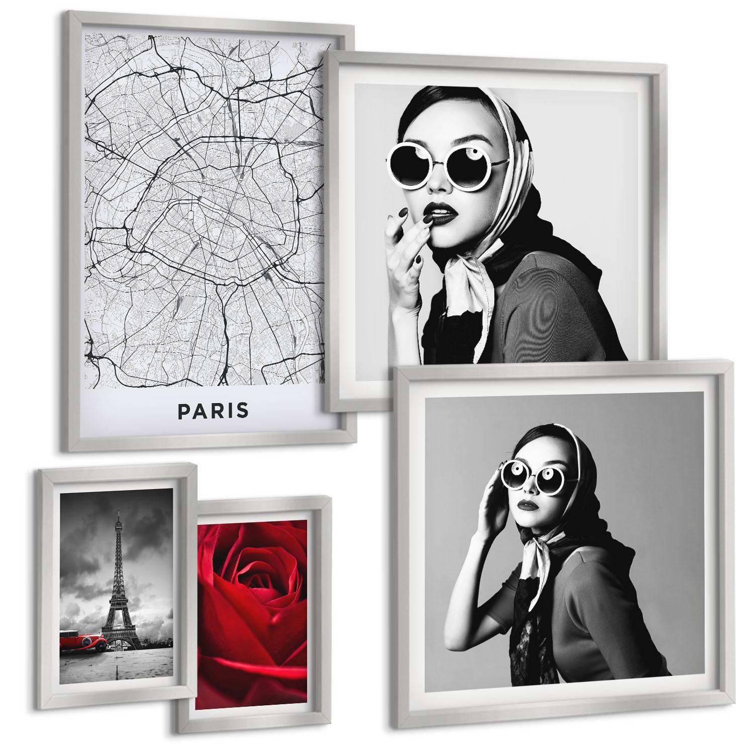 BILDER SET 5er Set - 50x50 cm & 20x30 cm & 40x60 cm Silberner Rahmen - Pariserin mit Eiffelturmbrille - Silberfarben, Kunststoff (40/60cm) - TULUP