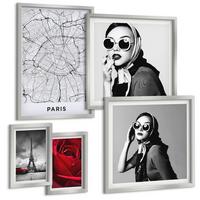 BILDER SET 5er Set - 50x50 cm & 20x30 cm & 40x60 cm Silberner Rahmen - Pariserin mit Eiffelturmbrille - Silberfarben, Kunststoff (40/60cm) - TULUP