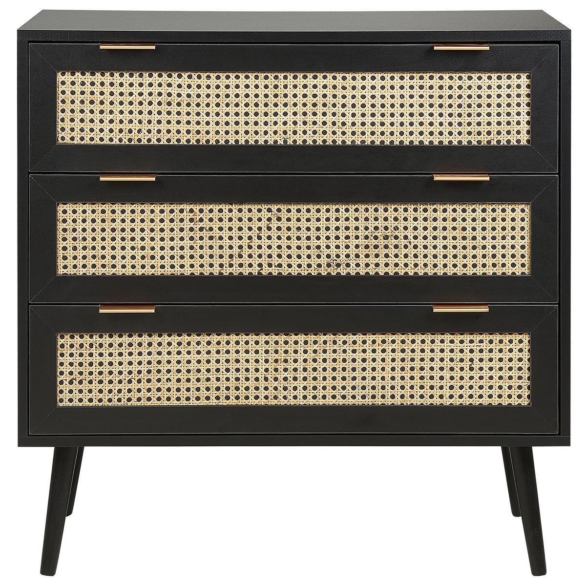 KOMMODE 3 Schubladen Rattan schwarz/beige Opoco - Beige/Schwarz, Holzwerkstoff (80/80/40cm) - Beliani
