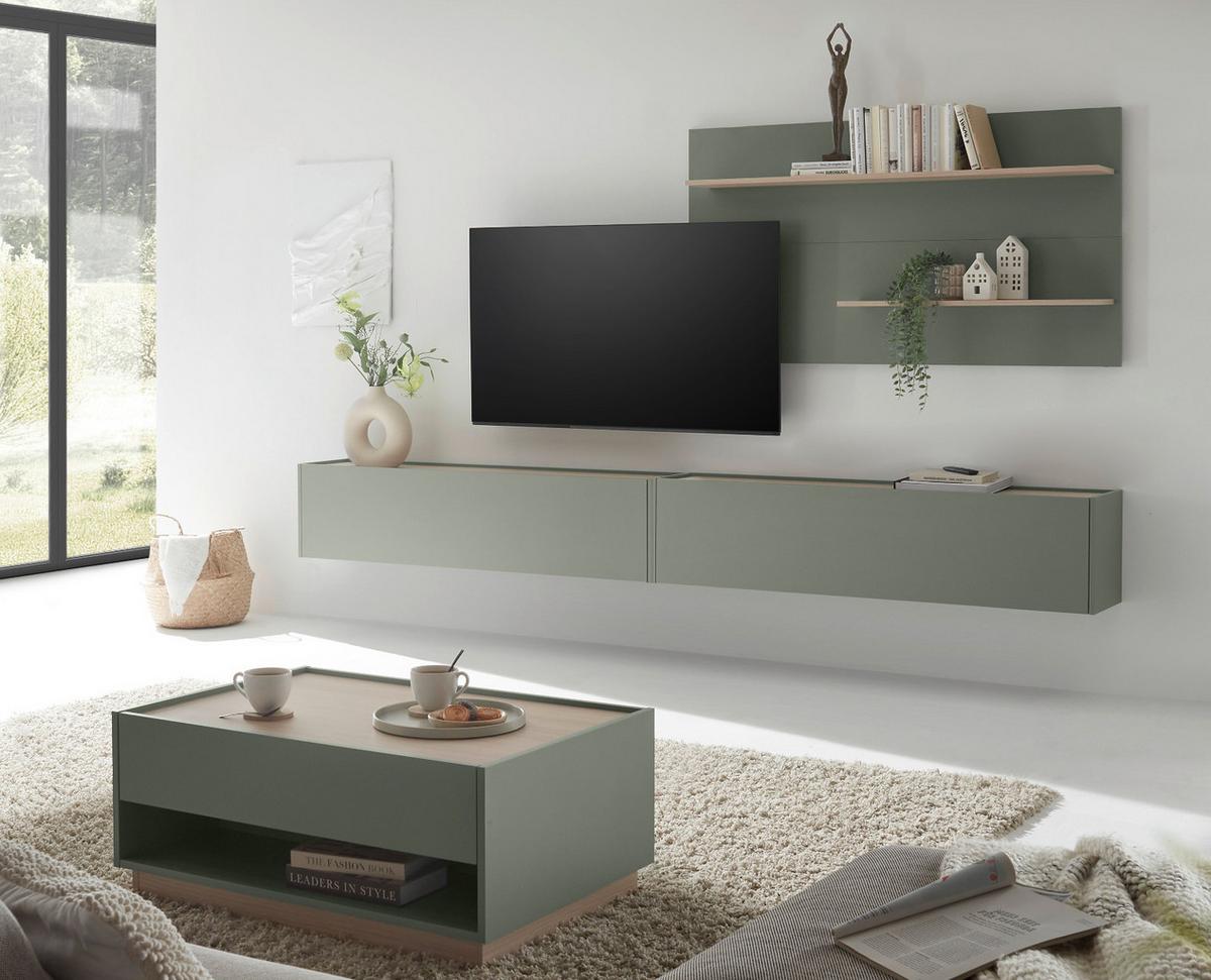 WOHNWAND in Salbei Grün mit Eiche, Wohnzimmer Fernsehschrank mit 300 cm TV Lowboard, gesamt 300 x 190 cm - Salbeigrün/Eichefarben, Holz/Holzwerkstoff (300/190/30cm) - Furn.Design