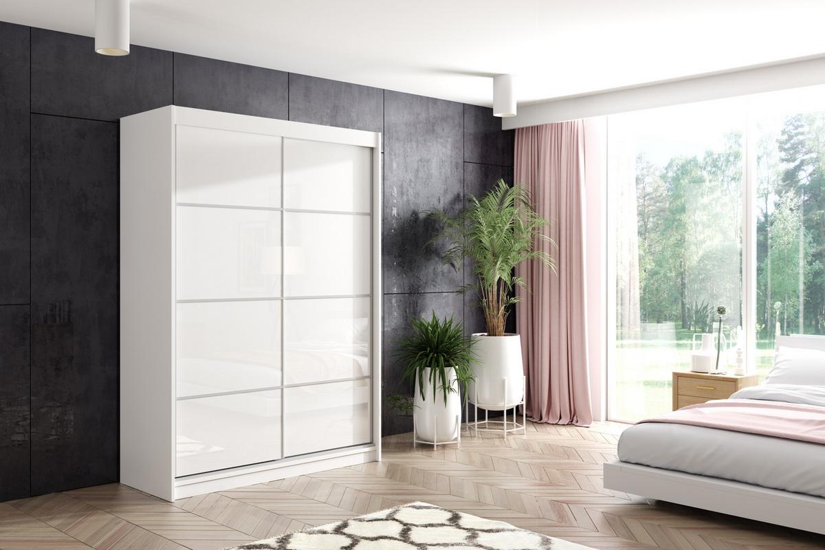 KLEIDERSCHRANK mit Lacobel-Schiebetüren und Aluminium-Leisten - VIVI - 150 cm Weiß - Weiß, Holzwerkstoff (150/216/61cm) - ALTDECOR